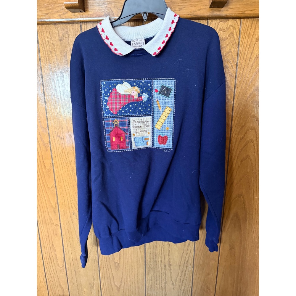 Vintage Jerzees Valorie's Folk Art Applique Teacher Sweatshirt Navy Blue XL USA